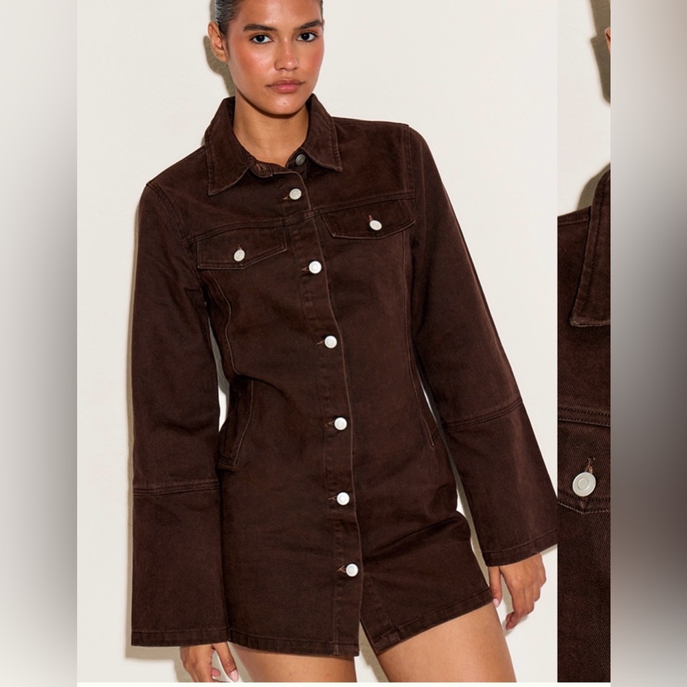 PLT dark chocolate seam detail long sleeve denim shirt dress